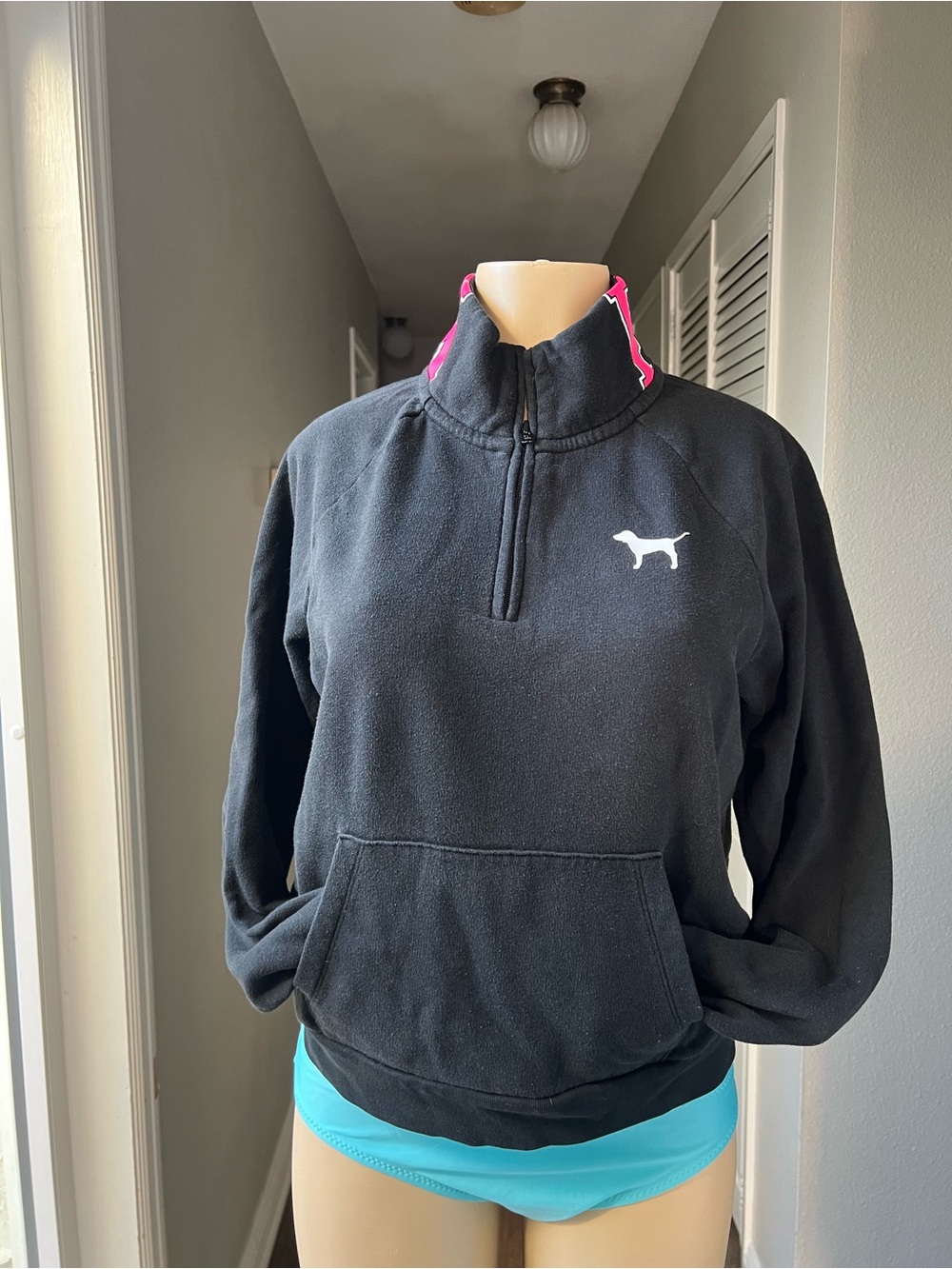 Victoria's Secret Black Quarter-Zip Turtleneck Pullover with Pink Trim
